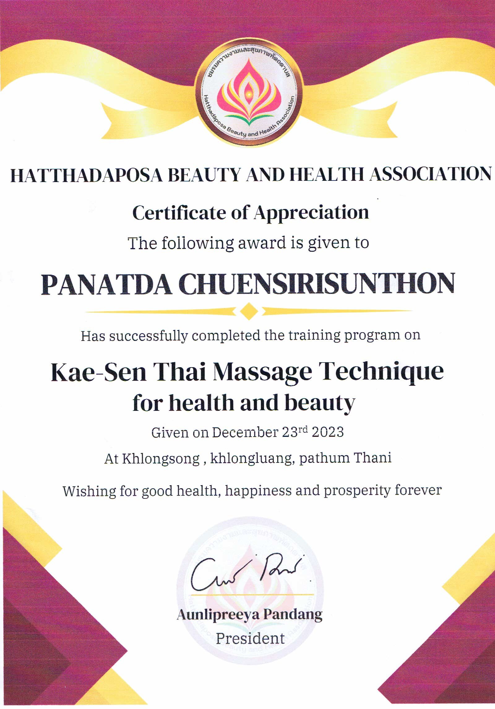 certificate (Kae-sen Thai Massage Technique for health and beauty: KST Method)