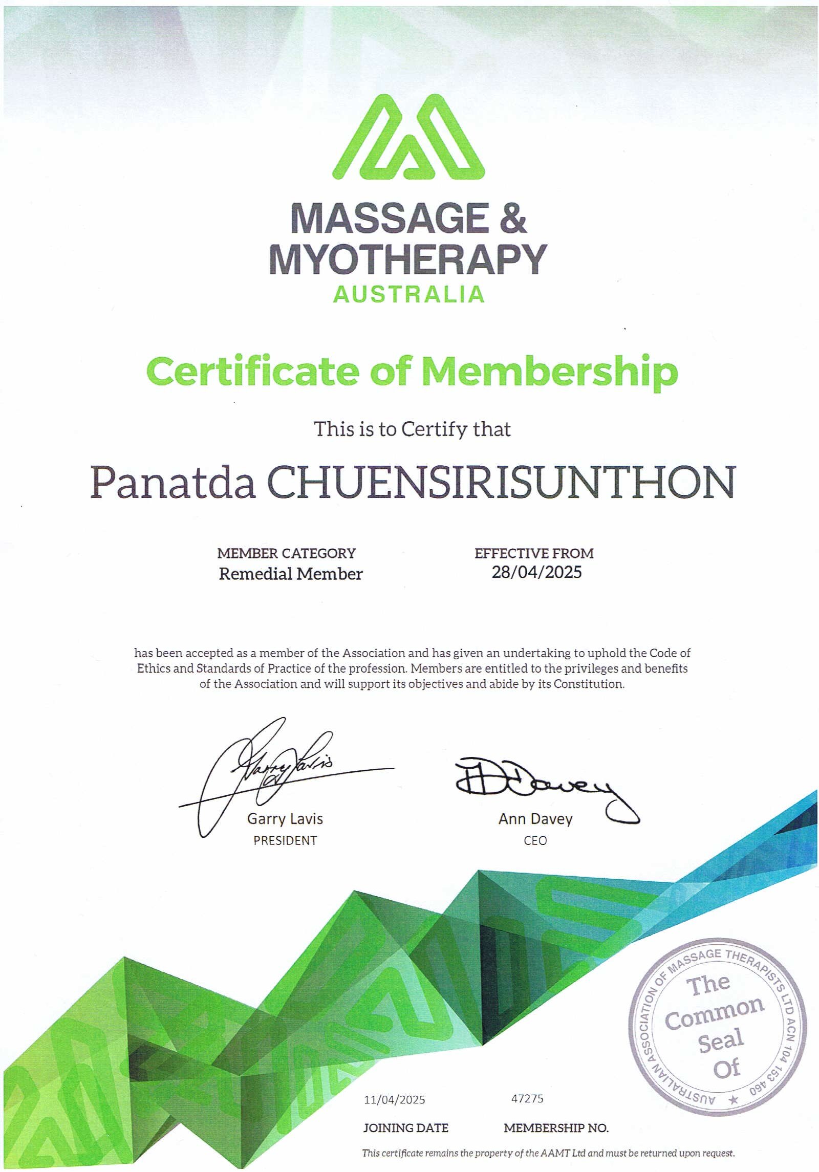 Certificate (Massage & Myotherapy Membership)
