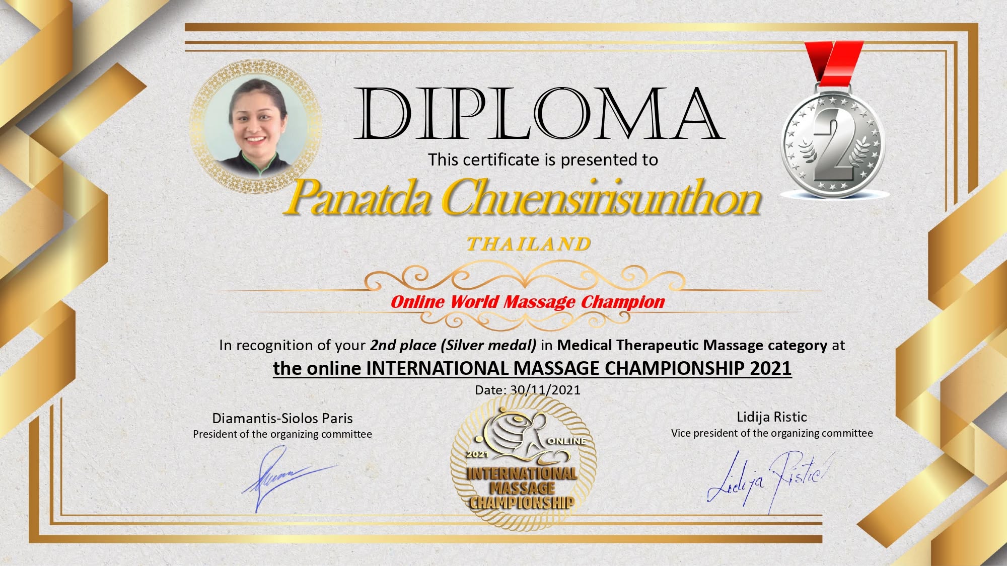 certificate (2nd place (Silver medal) in Medical Therapeutic Massage.)