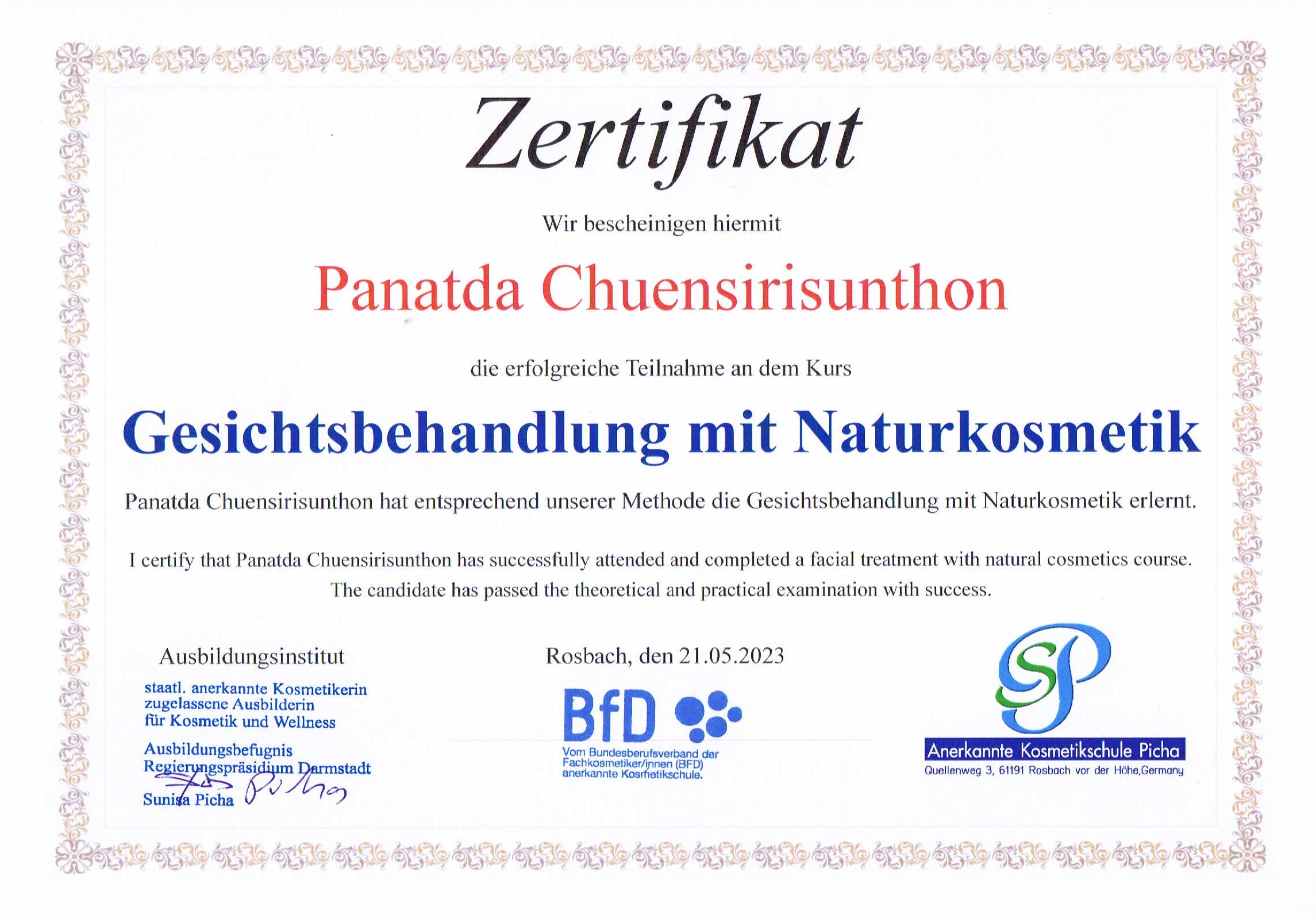  certificate (Natural Cosmetics Facial Treatment, Germany)