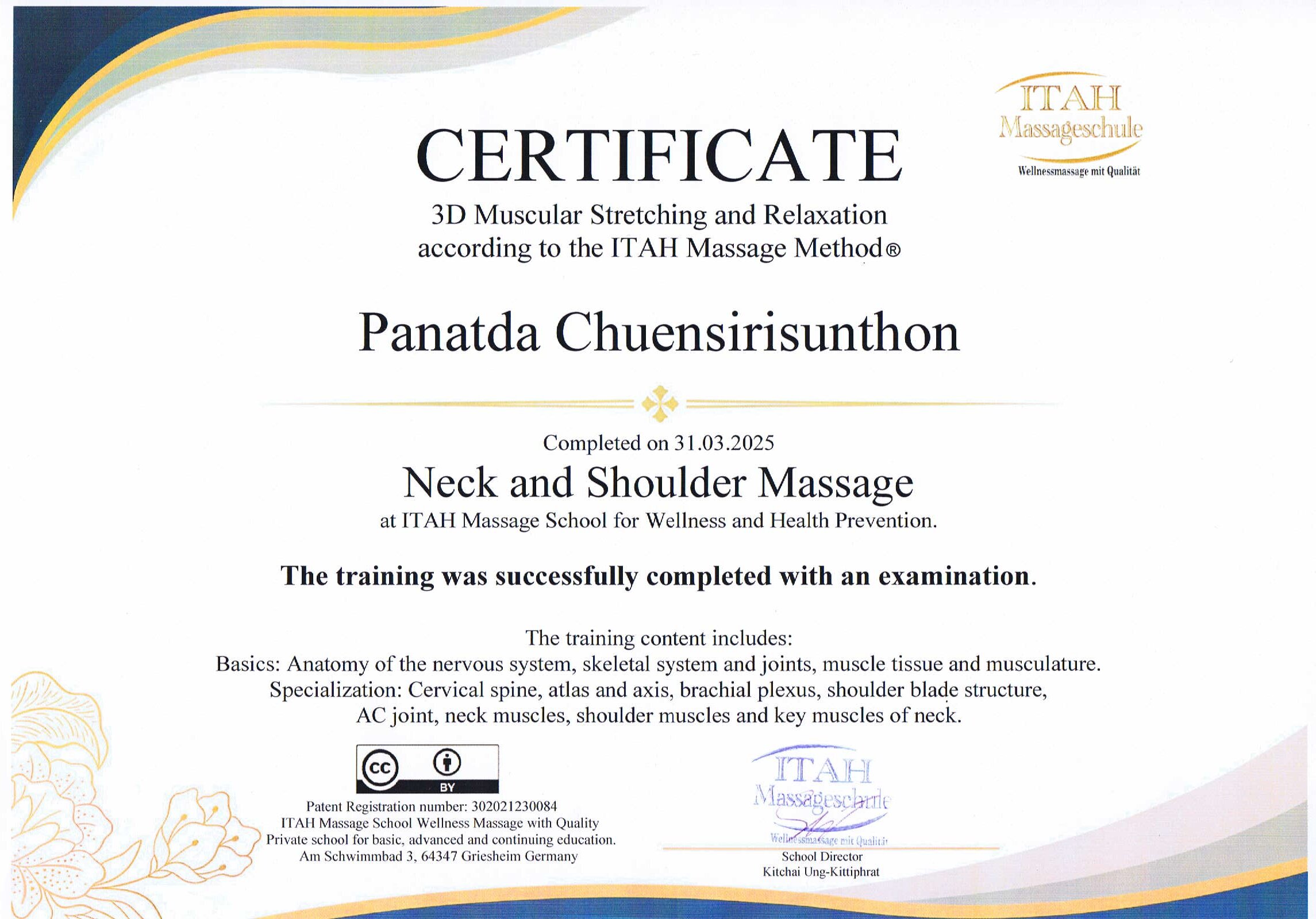  certificate (Neck & Shoulder Massage: 3D Technique, Germany)