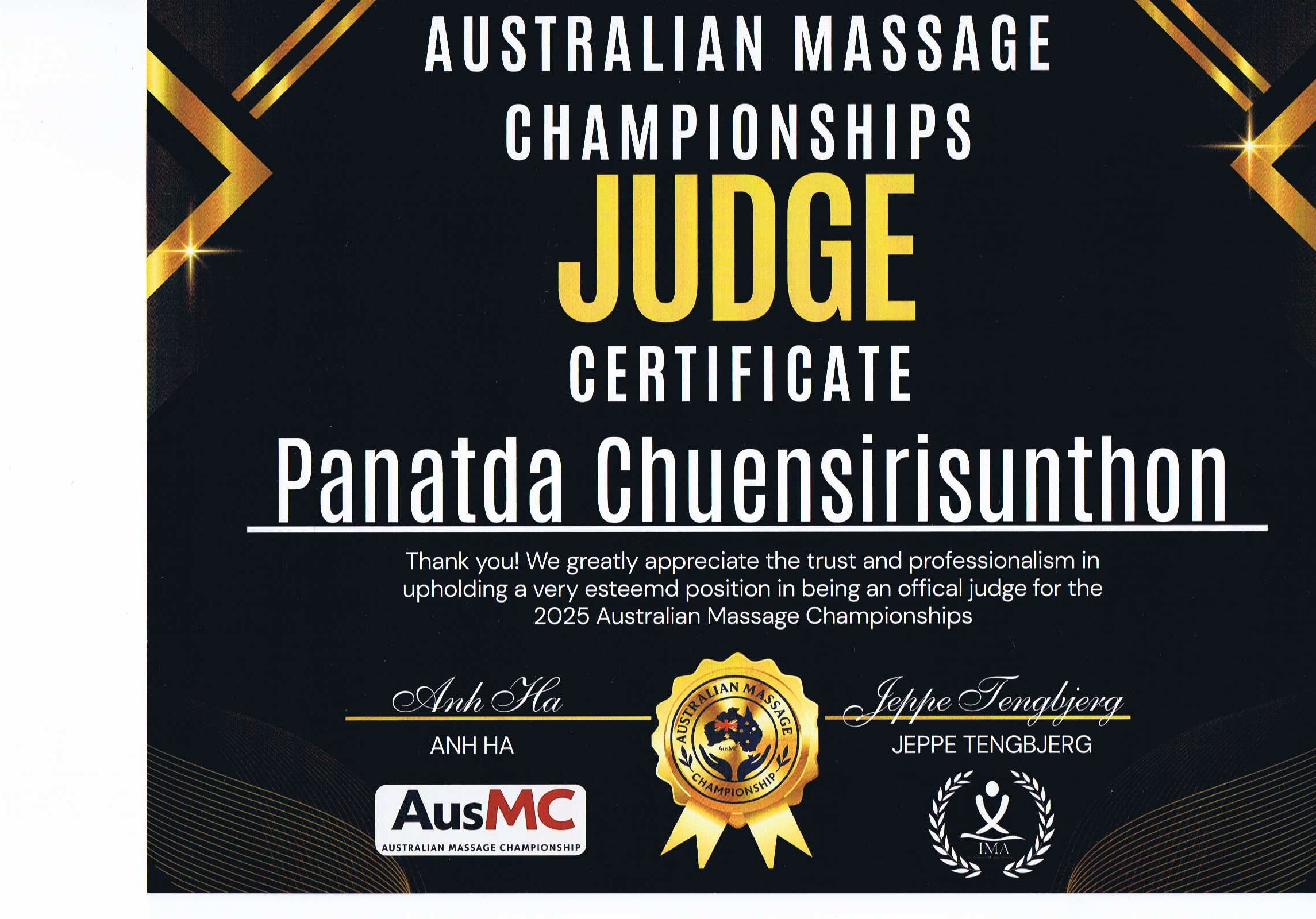 Certificate
 (Australian Massage Championships
 JUDGE)
