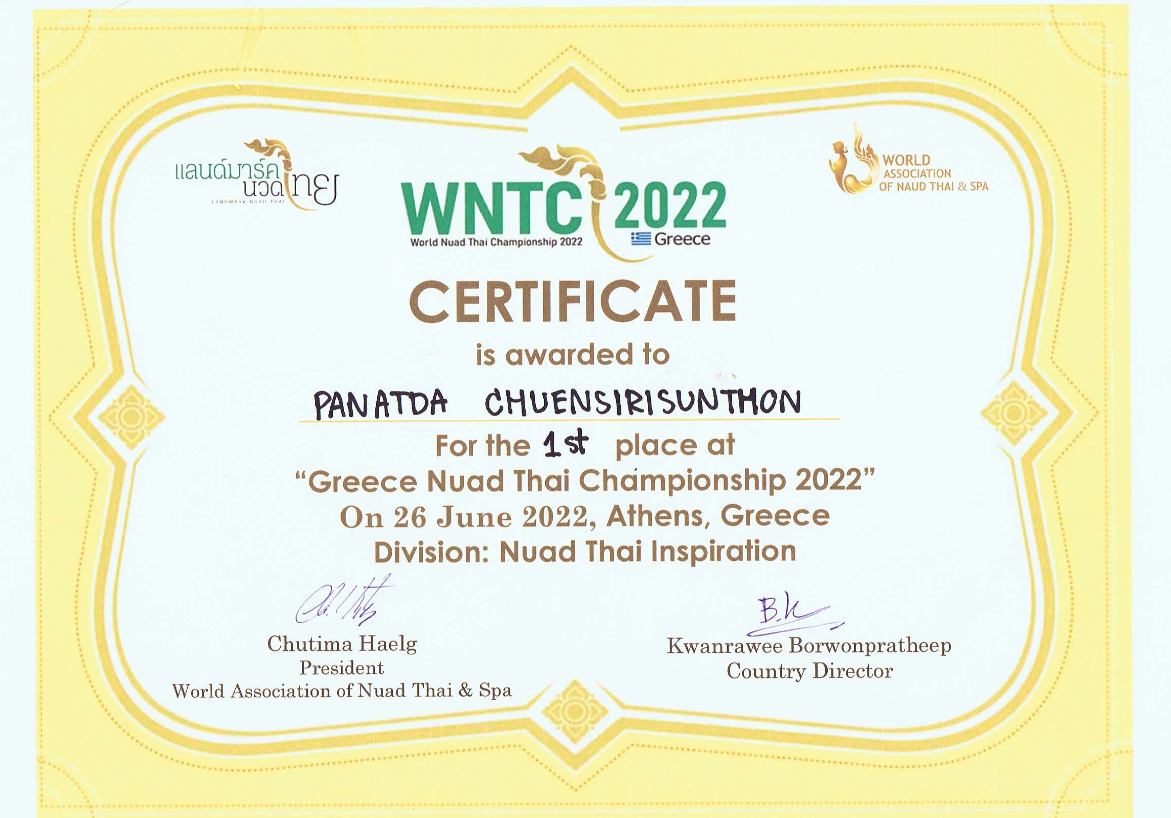 certificate (1th place in Nuad Thai Inspiration)