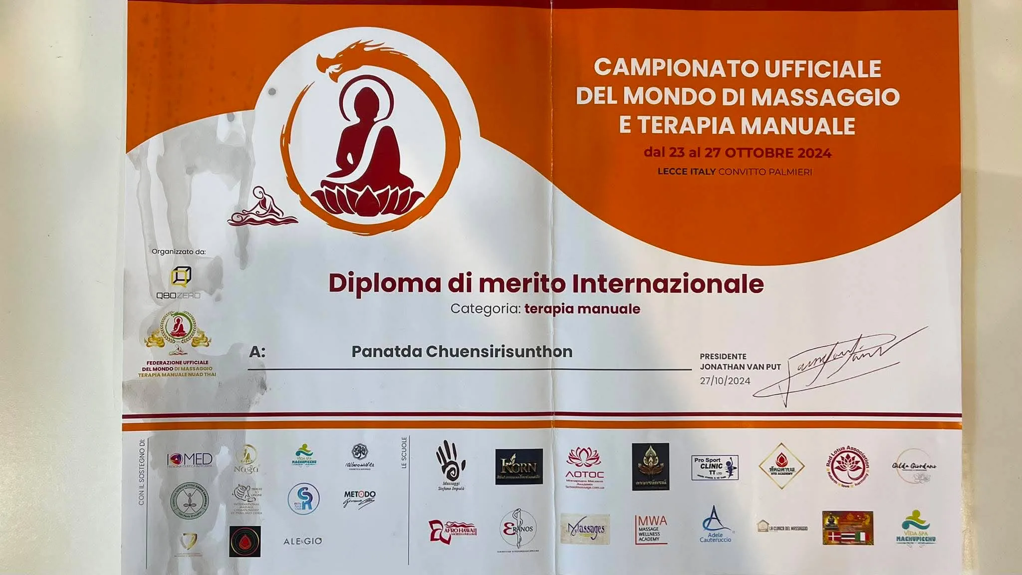  certificate (participation in the World Championship of Massage and Manual Therapy held in Italy in October 2024, specifically within the Manual Therapy category.)