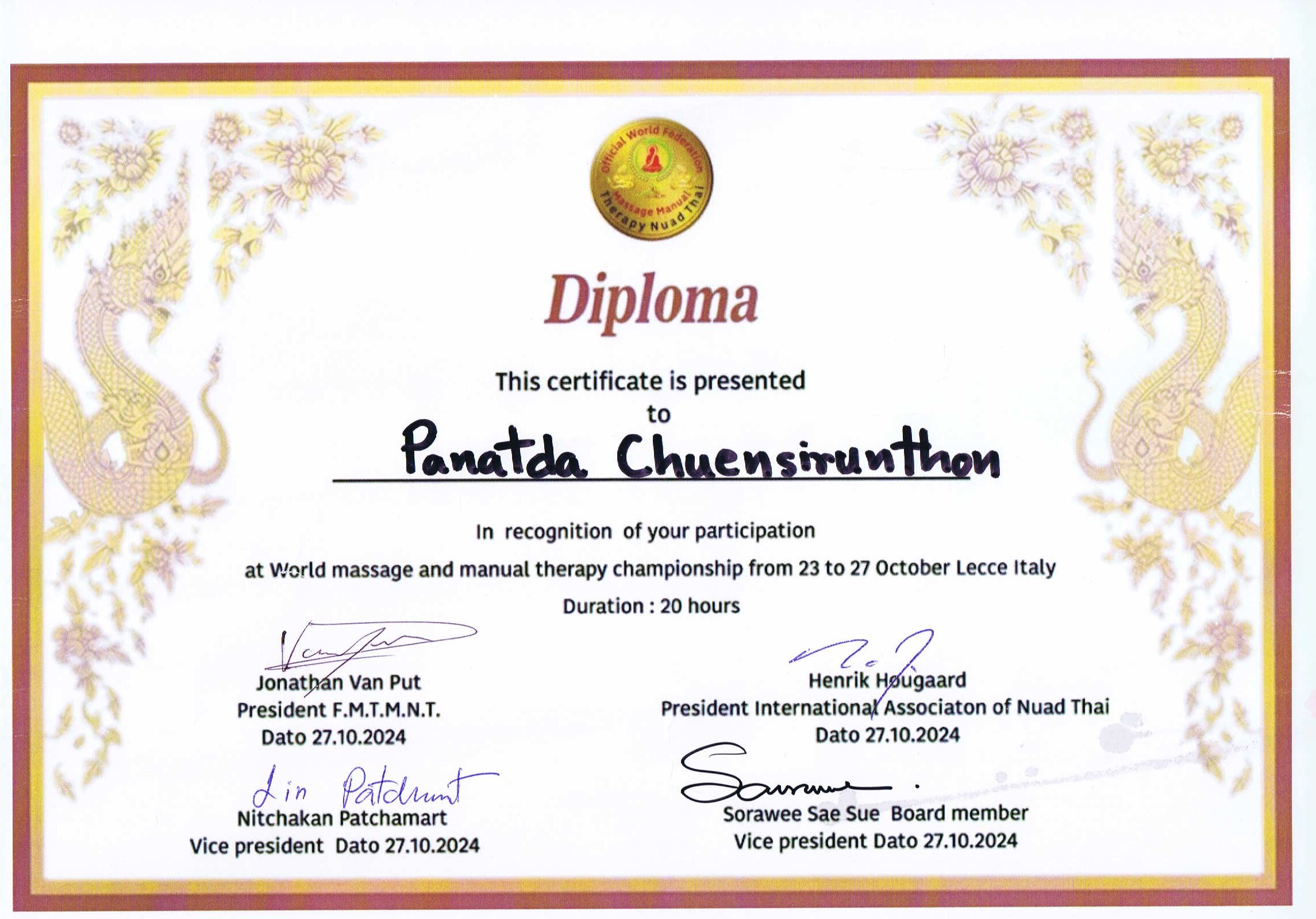  certificate (Participation: World Massage and Manual Therapy Championship, Italy 2024)