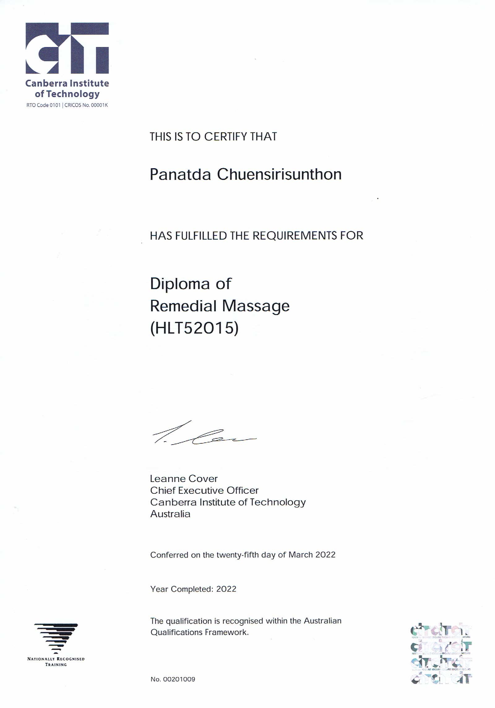 certificate (Diploma of Remedial Massage HLT52015)