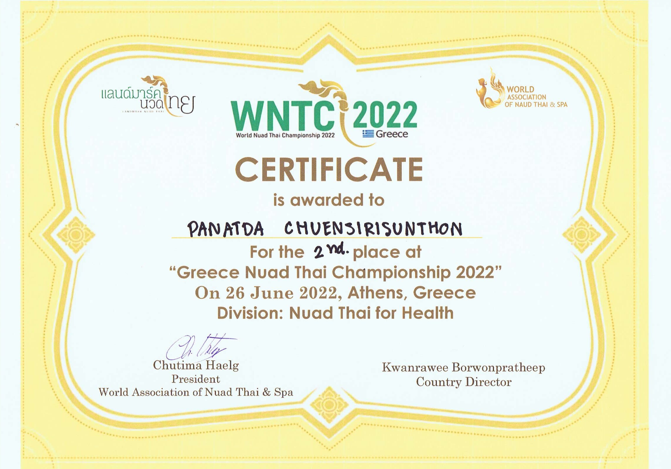 certificate (2nd place in Nuad Thai for health)