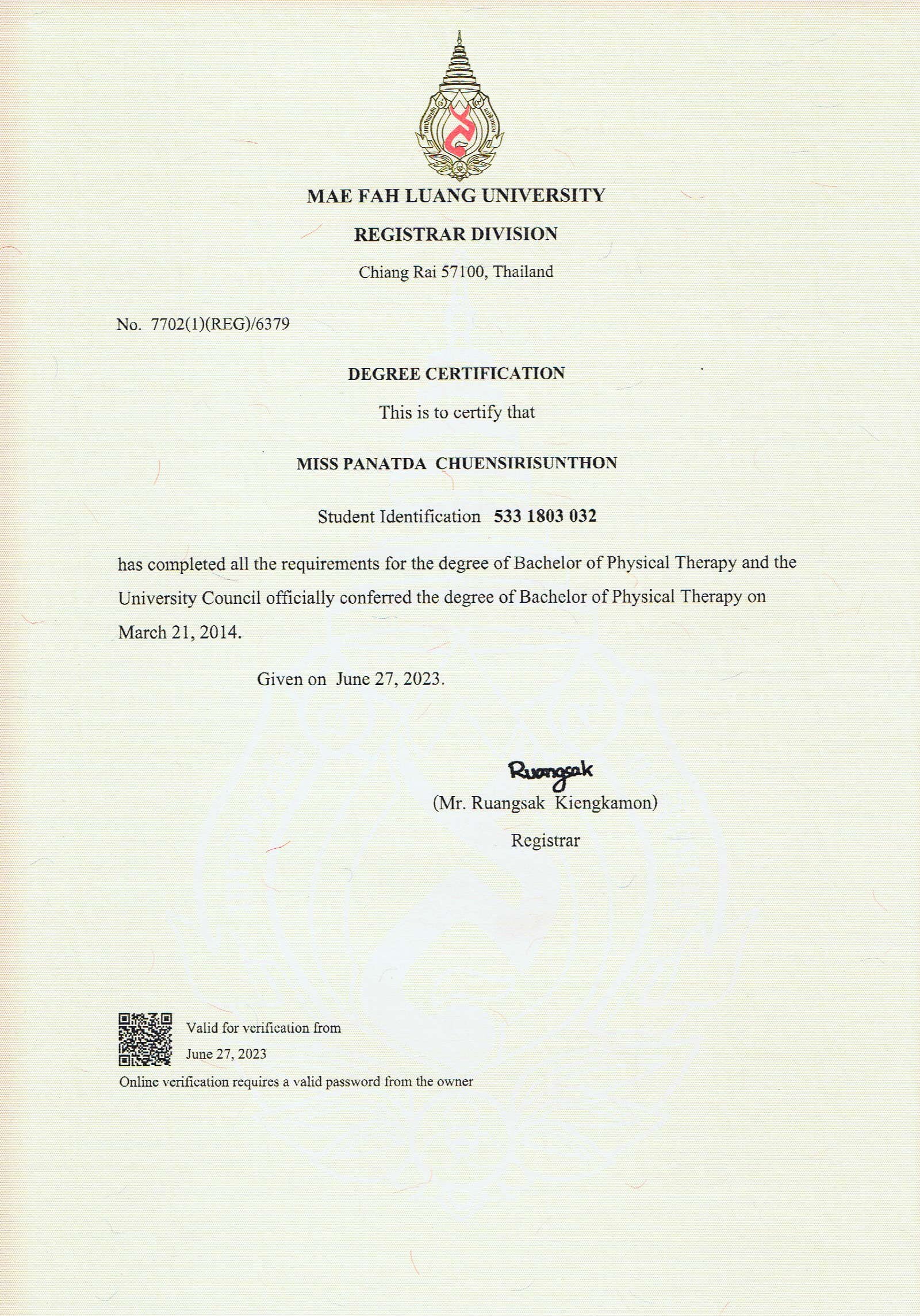  certificate (Bachelor degree of Physio Therapy)