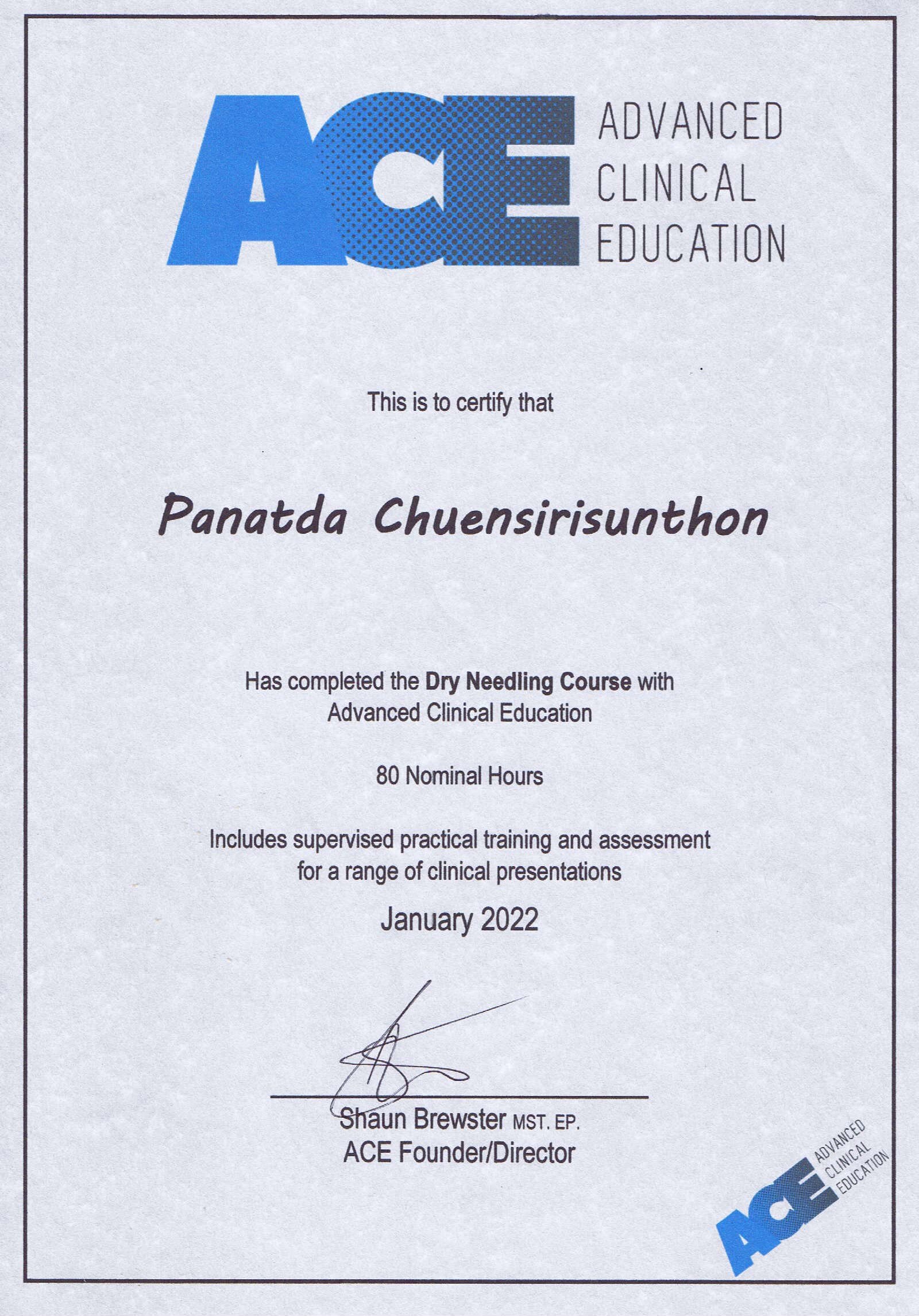 Certificate (Dry Needling Course with Advanced Clinical Education)