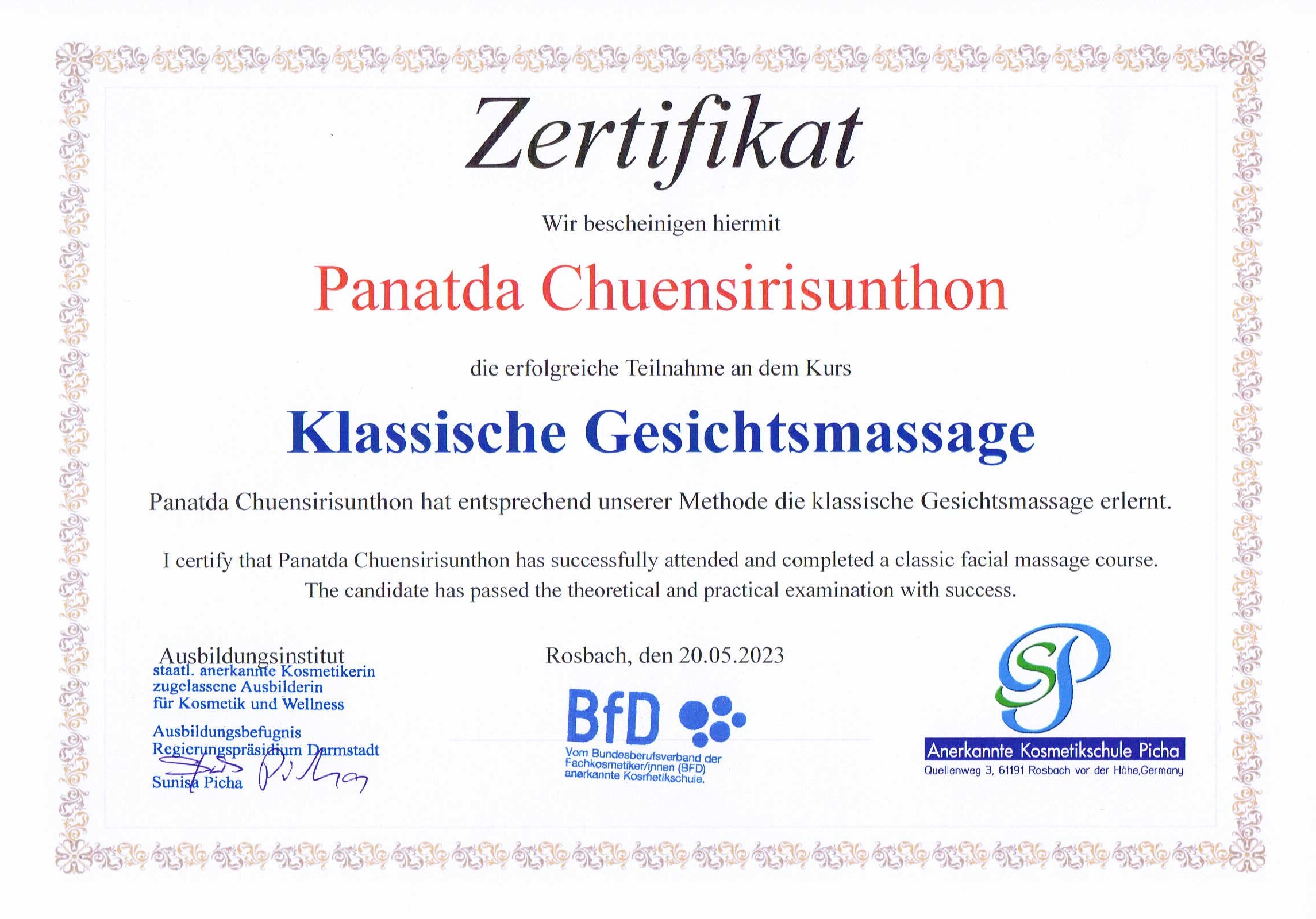  certificate (Classic Facial Massage, Germany.)