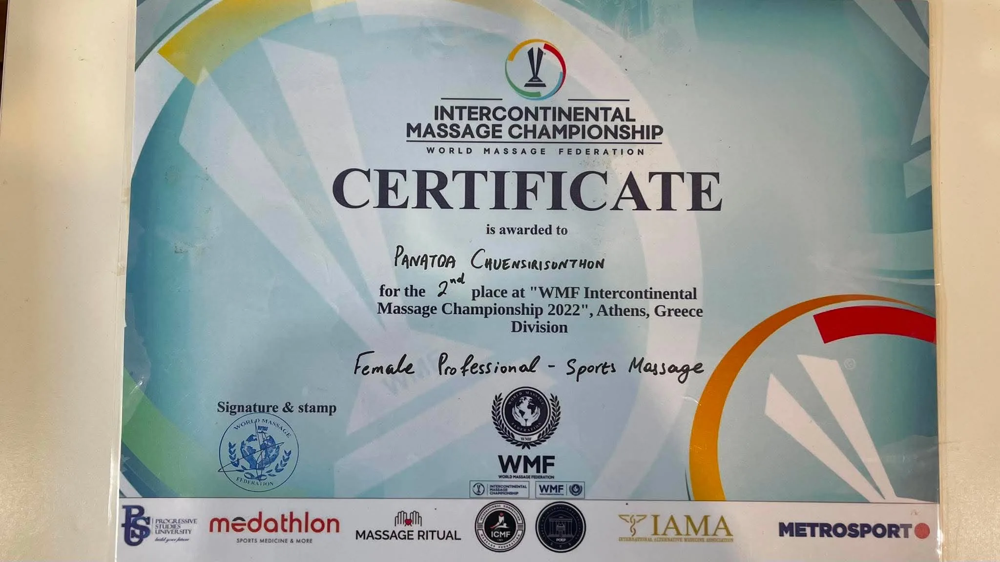 certificate (2nd place Sport Massage)